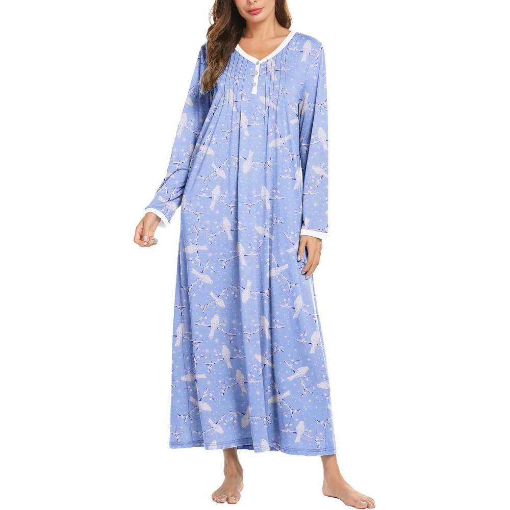 imageEkouaer Womens Long Sleeve Nightgown Full Length Sleepwear Long Sleepshirts Henley Sleep DressAblue Pigeon