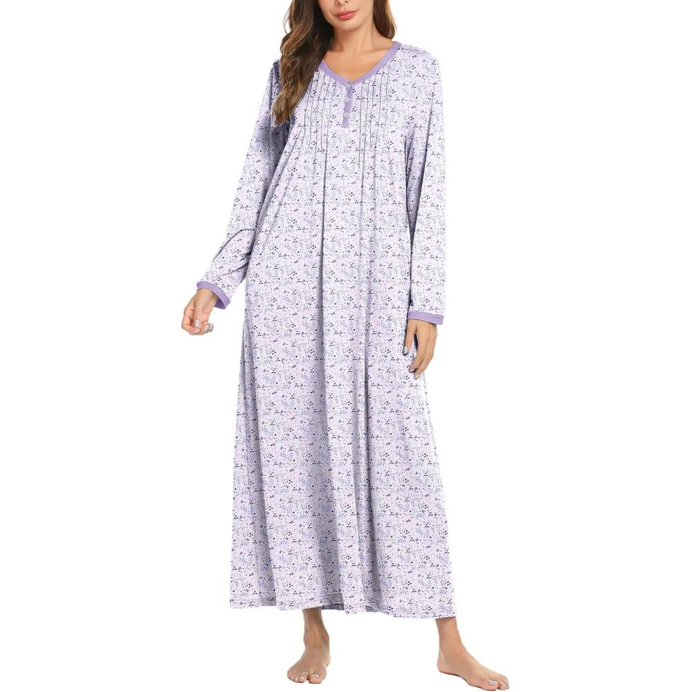 imageEkouaer Womens Long Sleeve Nightgown Full Length Sleepwear Long Sleepshirts Henley Sleep DressApurple Leaf
