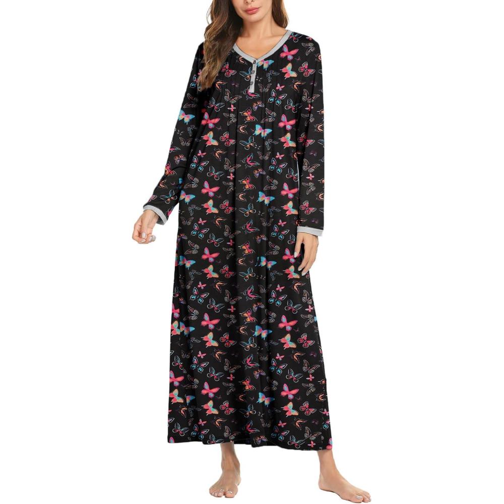 imageEkouaer Womens Long Sleeve Nightgown Full Length Sleepwear Long Sleepshirts Henley Sleep DressBbbutterfly
