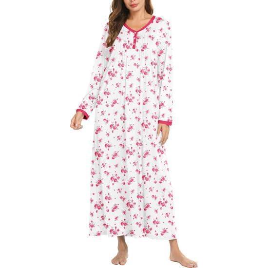 imageEkouaer Womens Long Sleeve Nightgown Full Length Sleepwear Long Sleepshirts Henley Sleep DressBig Pink Flower