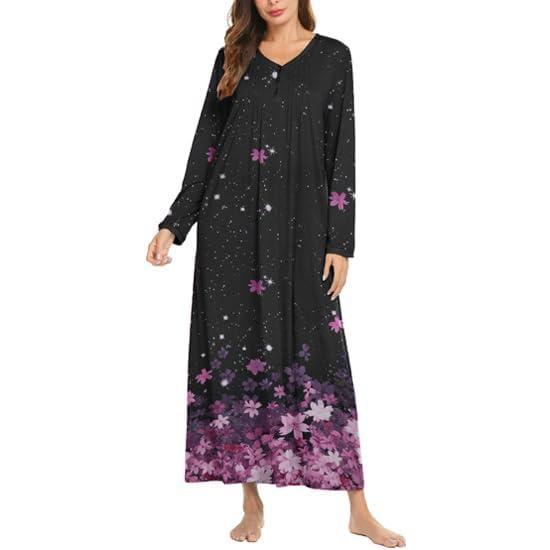 imageEkouaer Womens Long Sleeve Nightgown Full Length Sleepwear Long Sleepshirts Henley Sleep DressBlack Sakura