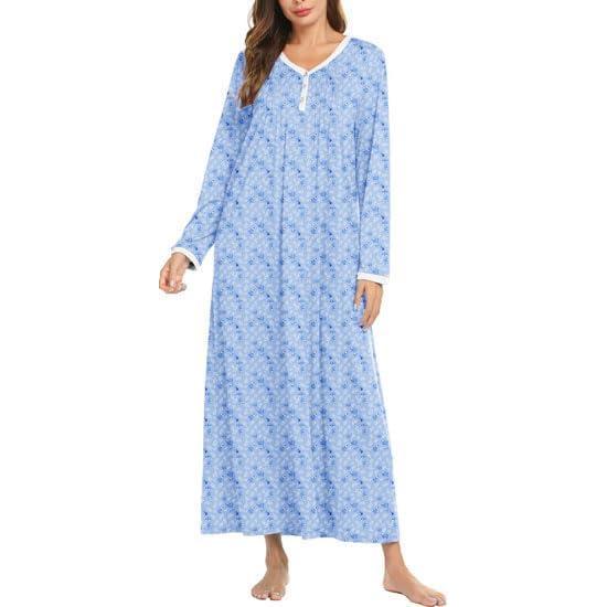 imageEkouaer Womens Long Sleeve Nightgown Full Length Sleepwear Long Sleepshirts Henley Sleep DressBlue Leaves