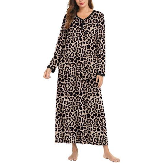 imageEkouaer Womens Long Sleeve Nightgown Full Length Sleepwear Long Sleepshirts Henley Sleep DressBrown Leopard Print