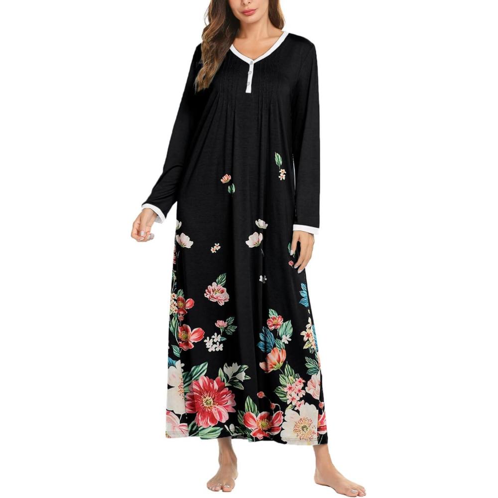 imageEkouaer Womens Long Sleeve Nightgown Full Length Sleepwear Long Sleepshirts Henley Sleep DressCacolored Flowers