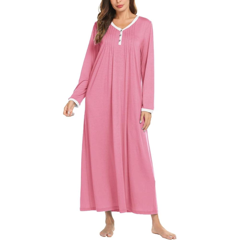 imageEkouaer Womens Long Sleeve Nightgown Full Length Sleepwear Long Sleepshirts Henley Sleep DressPink