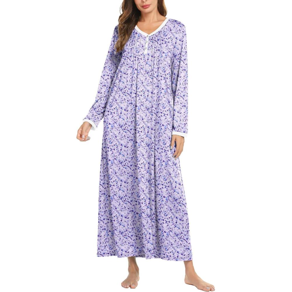 imageEkouaer Womens Long Sleeve Nightgown Full Length Sleepwear Long Sleepshirts Henley Sleep DressPurple Floral