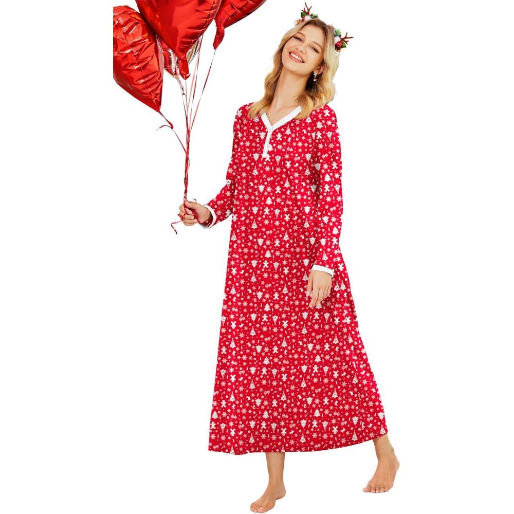 imageEkouaer Womens Long Sleeve Nightgown Full Length Sleepwear Long Sleepshirts Henley Sleep DressZchristmas Print 2