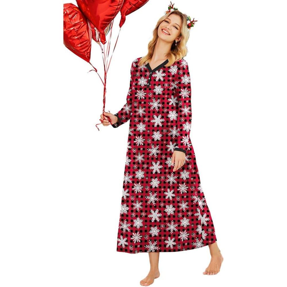 imageEkouaer Womens Long Sleeve Nightgown Full Length Sleepwear Long Sleepshirts Henley Sleep DressZred Snowflake