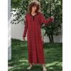 Ekouaer Women’s Long Sleeve Nightgown Full Length Sleepwear Long Sleepshirts Henley Sleep Dress(B-b-red-black Grid)