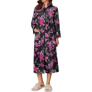 Ekouaer Women Zipper Robe Long Sleeve House Coats Velour Robes Soft Bathrobe with Pockets Nightgown S-3XL(Black Print)