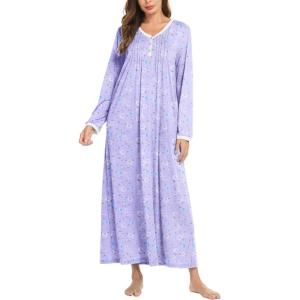 Ekouaer Women’s Long Sleeve Nightgown Full Length Sleepwear Long Sleepshirts Henley Sleep Dress(A_a_purple Flowers)