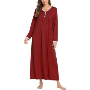 Ekouaer Women’s Long Sleeve Nightgown Full Length Sleepwear Long Sleepshirts Henley Sleep Dress(A-a-wine Red)