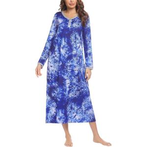 Ekouaer Women’s Long Sleeve Nightgown Full Length Sleepwear Long Sleepshirts Henley Sleep Dress(A_blue Tie-dye)
