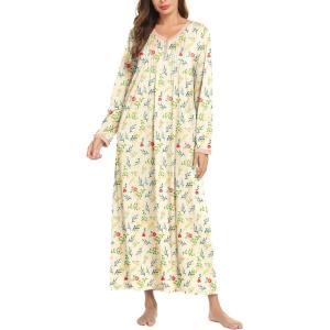 Ekouaer Women’s Long Sleeve Nightgown Full Length Sleepwear Long Sleepshirts Henley Sleep Dress(A_white Flowers)