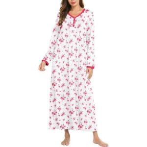 Ekouaer Women’s Long Sleeve Nightgown Full Length Sleepwear Long Sleepshirts Henley Sleep Dress(Big Pink Flower)