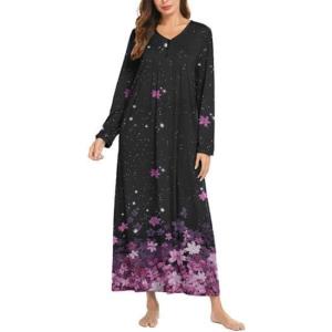Ekouaer Women’s Long Sleeve Nightgown Full Length Sleepwear Long Sleepshirts Henley Sleep Dress(Black Sakura)
