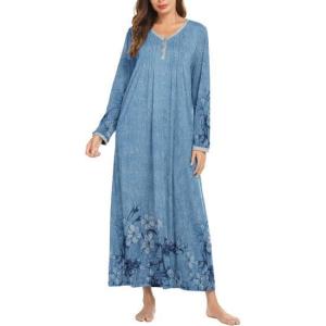 Ekouaer Women’s Long Sleeve Nightgown Full Length Sleepwear Long Sleepshirts Henley Sleep Dress(Blue Ink Flower)