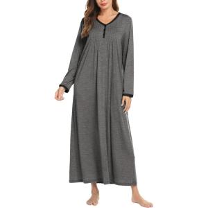 Ekouaer Women’s Long Sleeve Nightgown Full Length Sleepwear Long Sleepshirts Henley Sleep Dress(B_medium Grey)