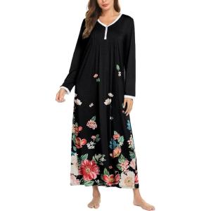 Ekouaer Women’s Long Sleeve Nightgown Full Length Sleepwear Long Sleepshirts Henley Sleep Dress(C_a_colored Flowers)