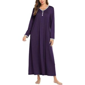 Ekouaer Women’s Long Sleeve Nightgown Full Length Sleepwear Long Sleepshirts Henley Sleep Dress(Dark Purple)