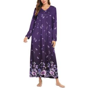 Ekouaer Women’s Long Sleeve Nightgown Full Length Sleepwear Long Sleepshirts Henley Sleep Dress(Purple Flower)