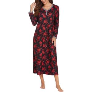 Ekouaer Women’s Long Sleeve Nightgown Full Length Sleepwear Long Sleepshirts Henley Sleep Dress(Red Flowers)