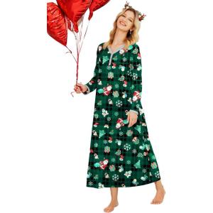Ekouaer Women’s Long Sleeve Nightgown Full Length Sleepwear Long Sleepshirts Henley Sleep Dress(Z_green Santa)