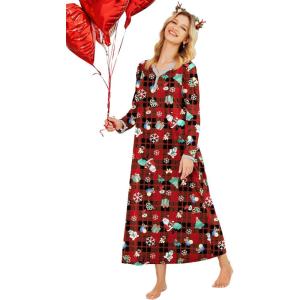Ekouaer Women’s Long Sleeve Nightgown Full Length Sleepwear Long Sleepshirts Henley Sleep Dress(Z_red Santa)