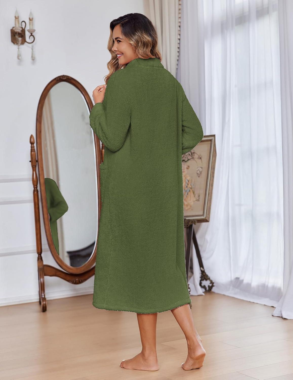imageEkouaer Women Zipper Robe Fleece Long Sleeves Bathrobe Sleepwear Warm Soft Housecoat with Pockets Zip Up House DressesArmy Green