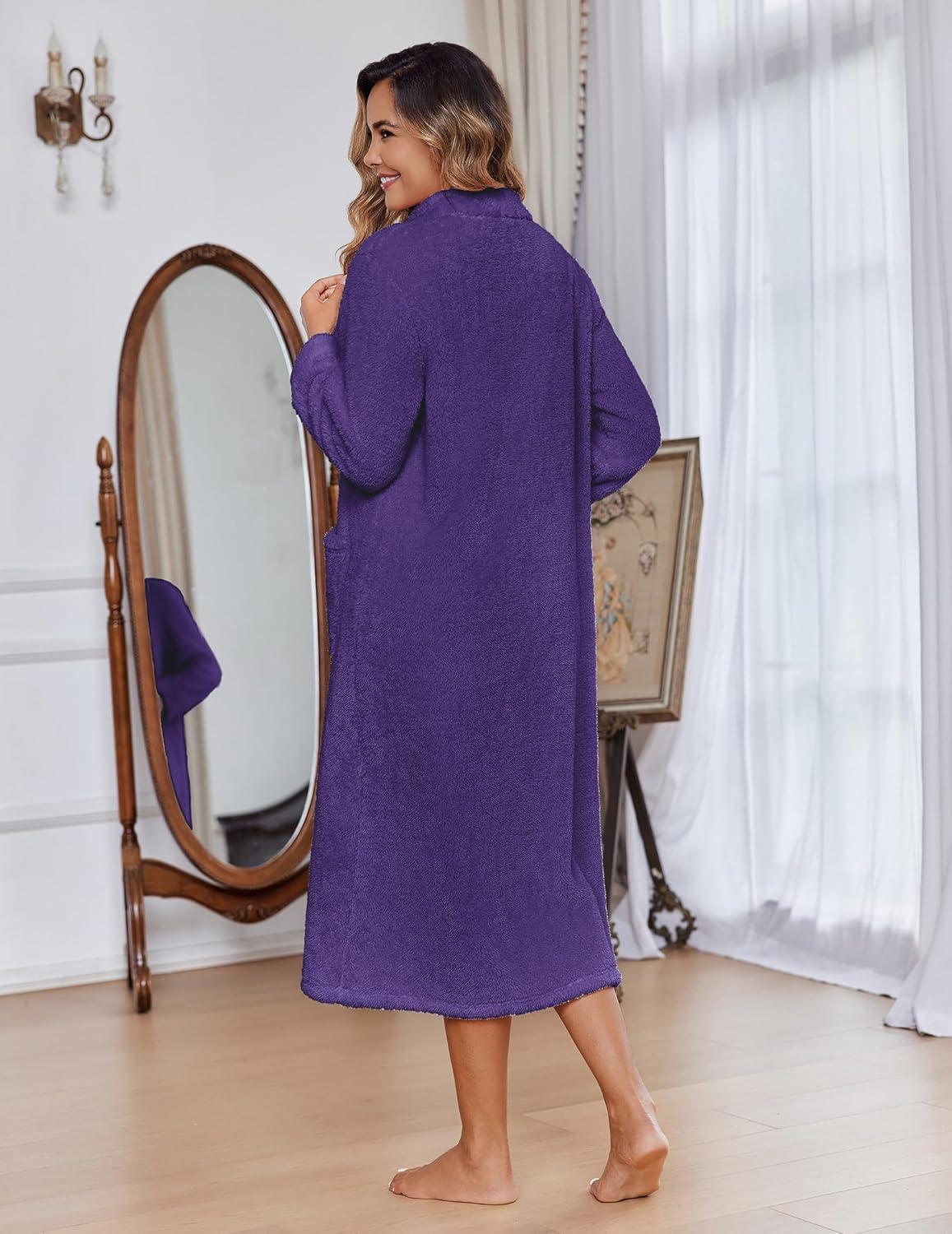 imageEkouaer Women Zipper Robe Fleece Long Sleeves Bathrobe Sleepwear Warm Soft Housecoat with Pockets Zip Up House DressesPurple