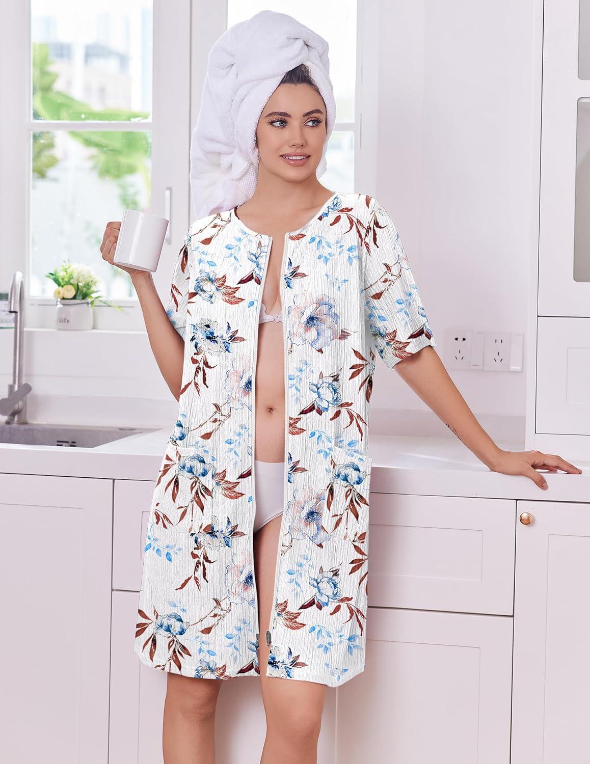 imageEkouaer Women Zipper Robes Knit Short Bathrobe Lightweight House Coat with Pockets Soft Nightgown SXXLBig Floral White