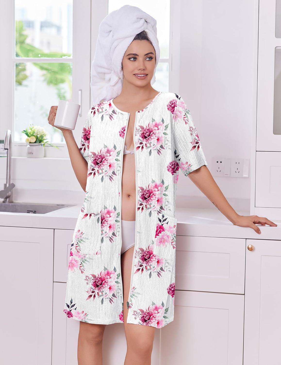 imageEkouaer Women Zipper Robes Knit Short Bathrobe Lightweight House Coat with Pockets Soft Nightgown SXXLFloral White