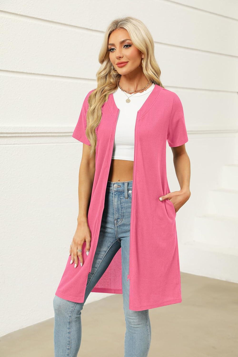 imageEkouaer Women Zipper Robes Waffle Short Bathrobe Lightweight House Coat with Pockets Soft Nightgown S3XLHot Pink