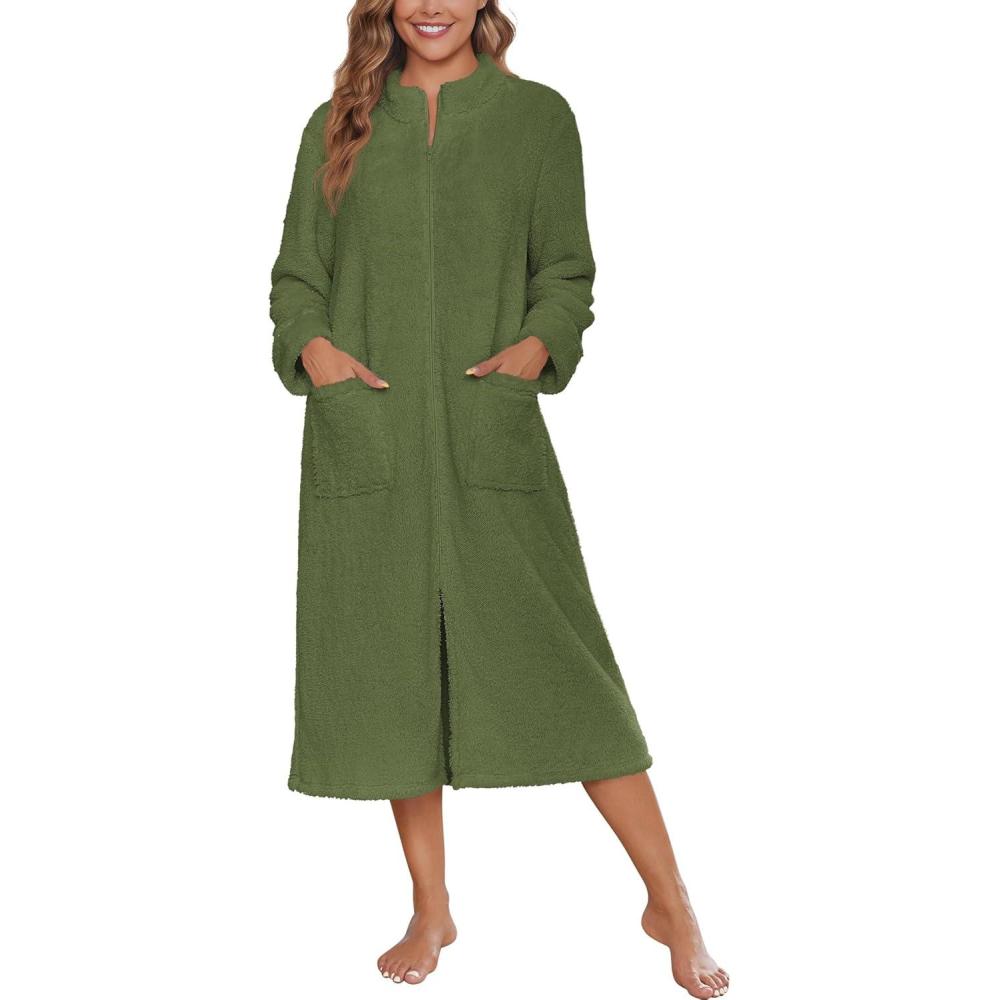 imageEkouaer Women Zipper Robe Fleece Long Sleeves Bathrobe Sleepwear Warm Soft Housecoat with Pockets Zip Up House DressesArmy Green