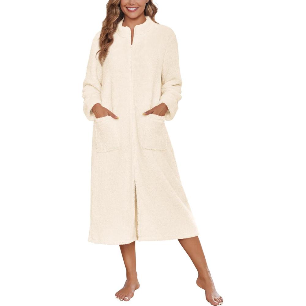 imageEkouaer Women Zipper Robe Fleece Long Sleeves Bathrobe Sleepwear Warm Soft Housecoat with Pockets Zip Up House DressesBeige