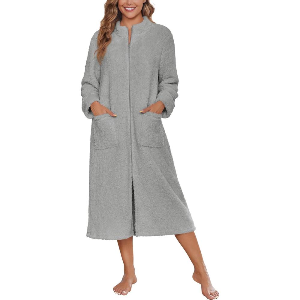imageEkouaer Women Zipper Robe Fleece Long Sleeves Bathrobe Sleepwear Warm Soft Housecoat with Pockets Zip Up House DressesLight Gray