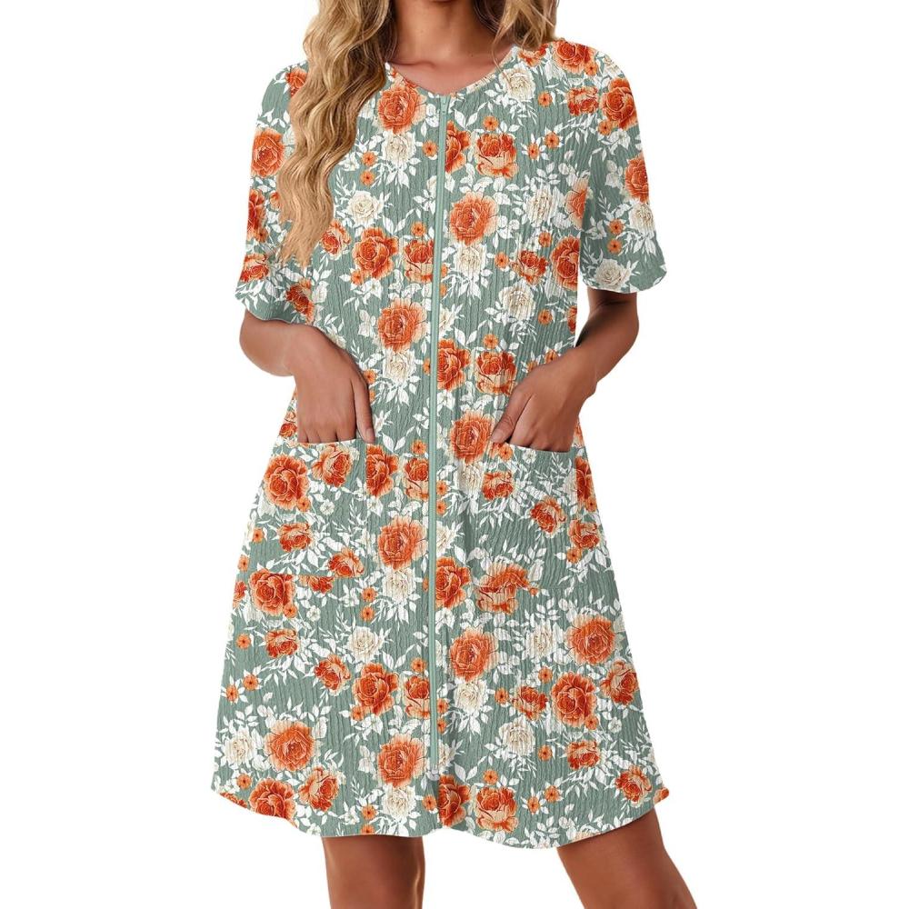 imageEkouaer Women Zipper Robes Knit Short Bathrobe Lightweight House Coat with Pockets Soft Nightgown SXXLRed White Floral