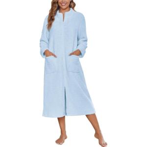 Ekouaer Women Zipper Robe Fleece Long Sleeves Bathrobe Sleepwear Warm Soft Housecoat with Pockets Zip Up House Dresses(Light Blue)