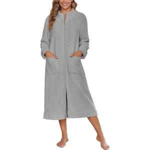 Ekouaer Women Zipper Robe Fleece Long Sleeves Bathrobe Sleepwear Warm Soft Housecoat with Pockets Zip Up House Dresses(Light Gray)