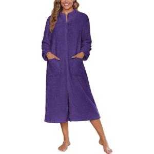 Ekouaer Women Zipper Robe Fleece Long Sleeves Bathrobe Sleepwear Warm Soft Housecoat with Pockets Zip Up House Dresses(Purple)