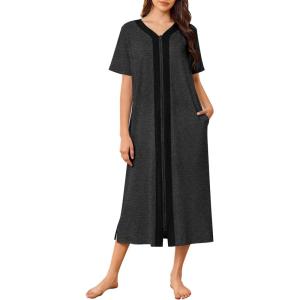 Ekouaer Women Zipper Robe Lightweight House Coat Zipper Front Long Nightgown Soft Loungewear with Pockets S-3XL(Deep Gray)