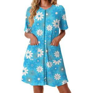 Ekouaer Women Zipper Robes Knit Short Bathrobe Lightweight House Coat with Pockets Soft Nightgown S-XXL(Blue White Flower)