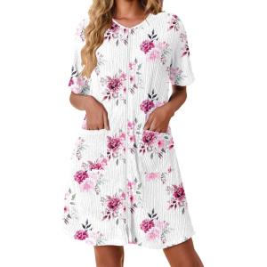 Ekouaer Women Zipper Robes Knit Short Bathrobe Lightweight House Coat with Pockets Soft Nightgown S-XXL(Floral White)