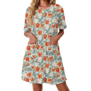 Ekouaer Women Zipper Robes Knit Short Bathrobe Lightweight House Coat with Pockets Soft Nightgown S-XXL(Red White Floral)