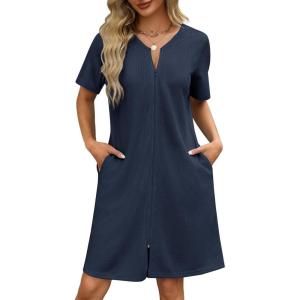 Ekouaer Women Zipper Robes Waffle Short Bathrobe Lightweight House Coat with Pockets Soft Nightgown S-3XL(Deep Navy)