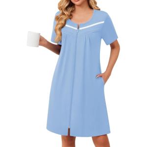 Ekouaer Womens Zip Up Robe Lace Short Sleeve Bathrobes Knee Length Zipper Housecoat Lightweight Nightgowns(Light Blue)