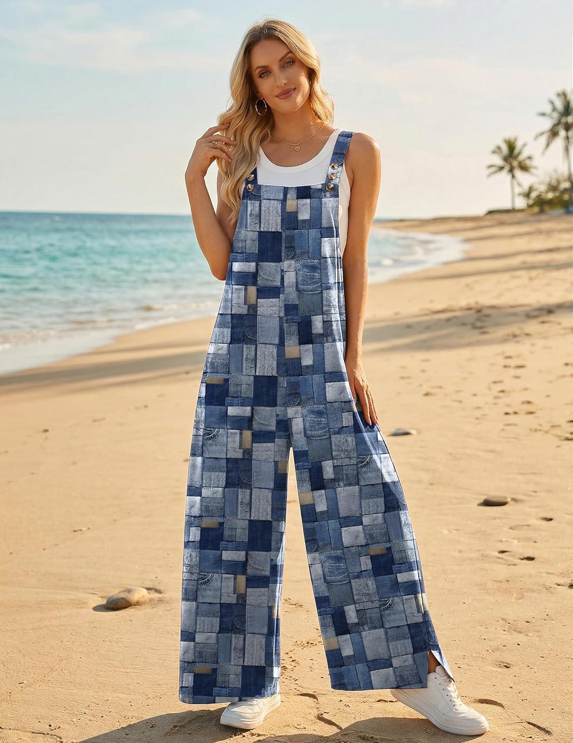 imageEkouaer Overalls for Women Loose Wide Leg Jumpsuits Casual One Piece Floral Boho Outfits Baggy Jumpers Comfy Summer RompersBlue Boho Print