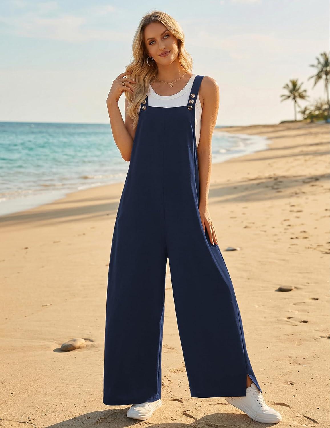 imageEkouaer Overalls for Women Loose Wide Leg Jumpsuits Casual One Piece Floral Boho Outfits Baggy Jumpers Comfy Summer RompersNavy Blue