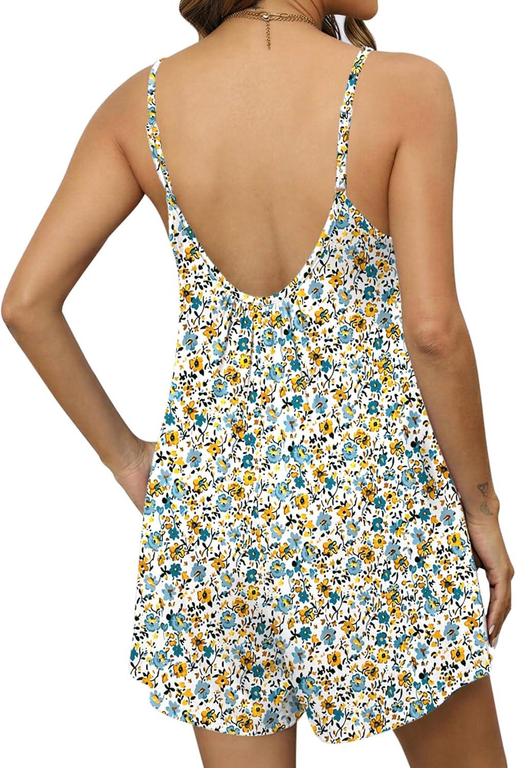 imageEkouaer Summer Rompers for Women Boho Beach Vacation Outfits Sleeveless Loose Shorts Overalls 2026 Jumpsuit With PocketsAwhite Floral