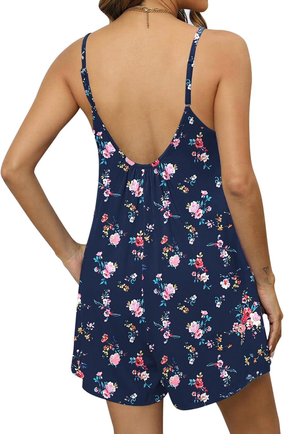imageEkouaer Summer Rompers for Women Boho Beach Vacation Outfits Sleeveless Loose Shorts Overalls 2026 Jumpsuit With PocketsNavy Blue Floral